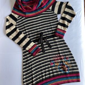 Desigual Amber Striped Multi Long Sleeve Sweater Cowl Neck Wool Dress Women Sz M